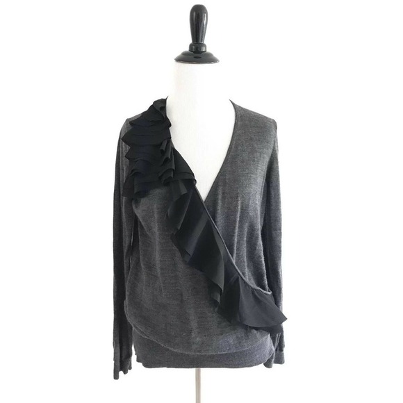 Ann Taylor Sweaters - Ann Taylor Loft | Plunging Neckline Wool Sweater Women Large Ruffle Long Sleeves